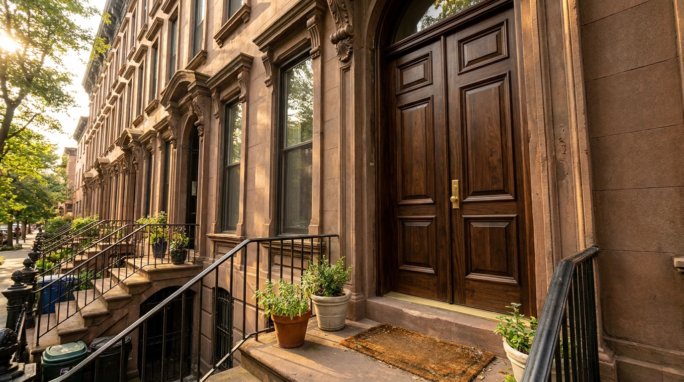 Premium solid wood entry door installed on a Brooklyn brownstone