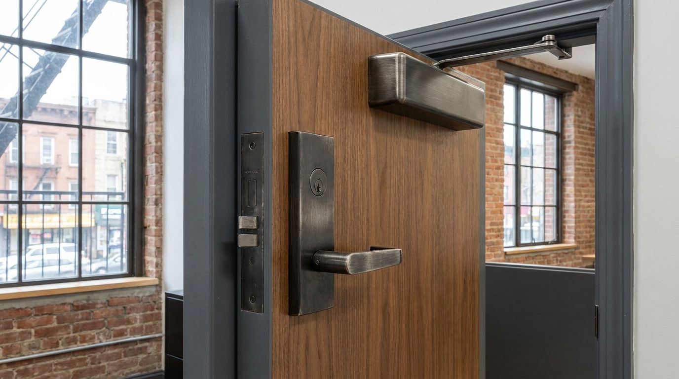 Commercial-grade door hardware including lockset and closer on a NYC office door