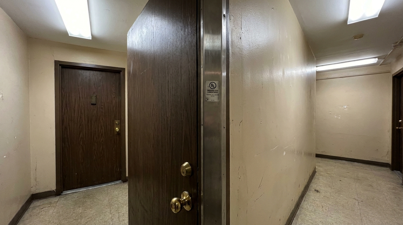 Fire-rated corridor door with UL label installed in a NYC apartment building