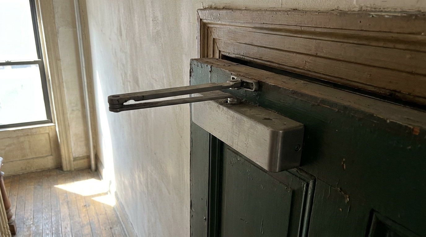 Self-closing hardware on a fire-rated door assembly
