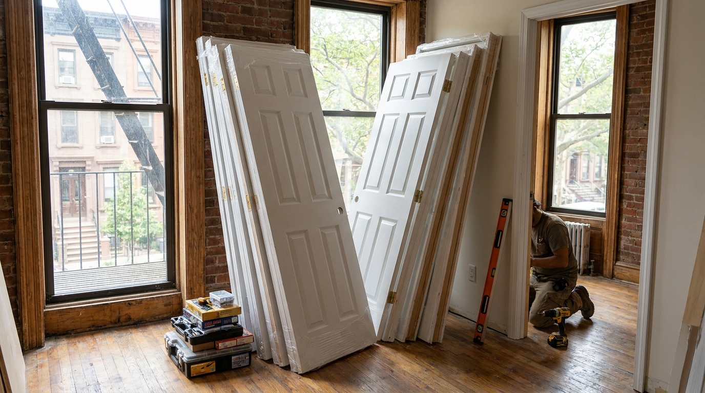 Stack of pre-hung interior doors ready for apartment installation