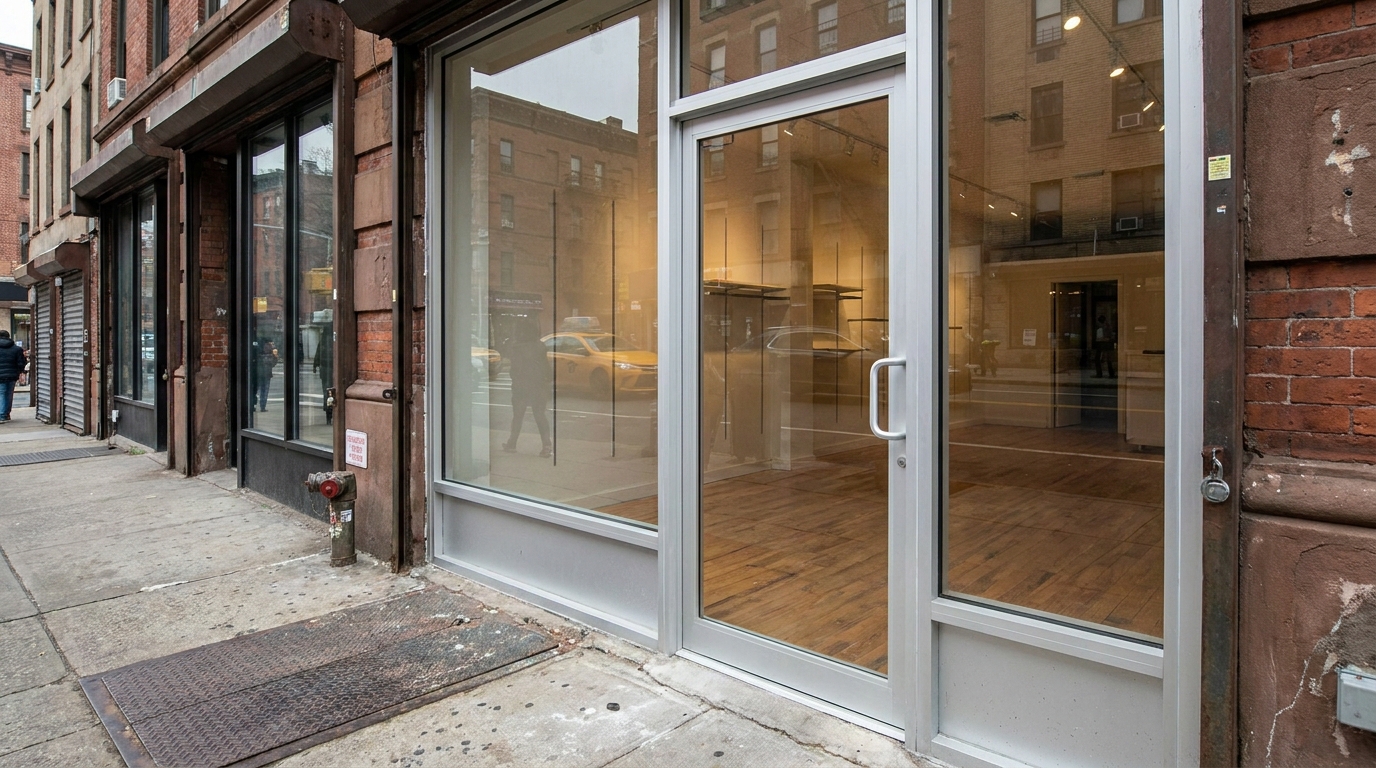 Aluminum storefront entrance door on a NYC retail shop