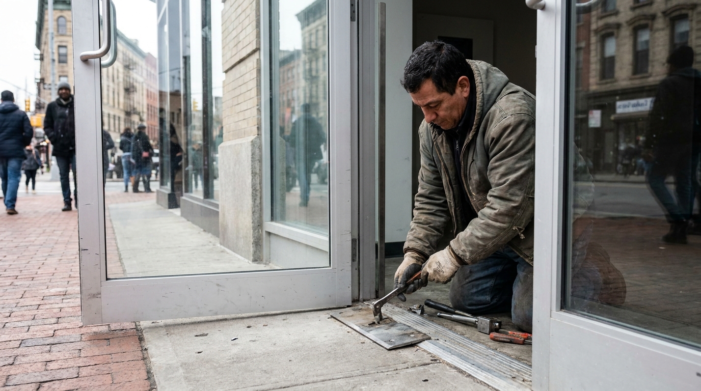Technician adjusting floor closer on a commercial glass entrance door