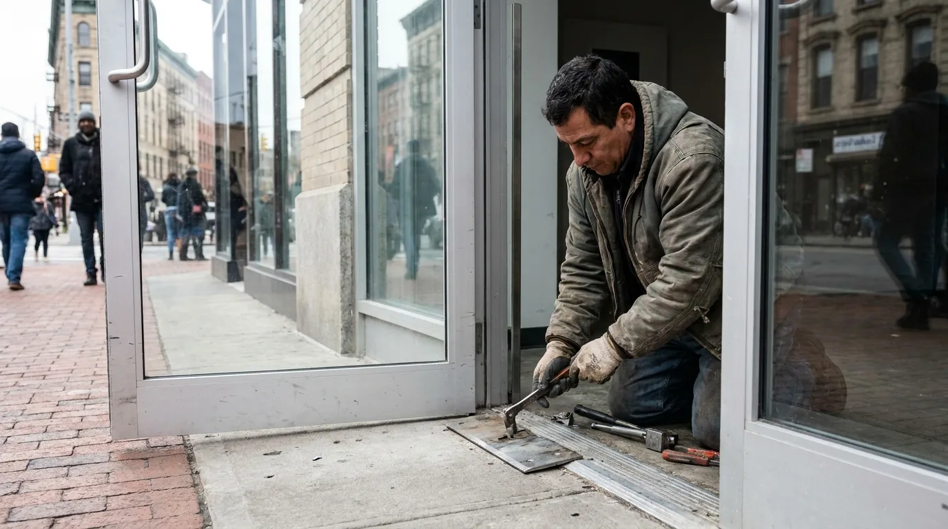 Technician adjusting floor closer on a commercial glass entrance door
