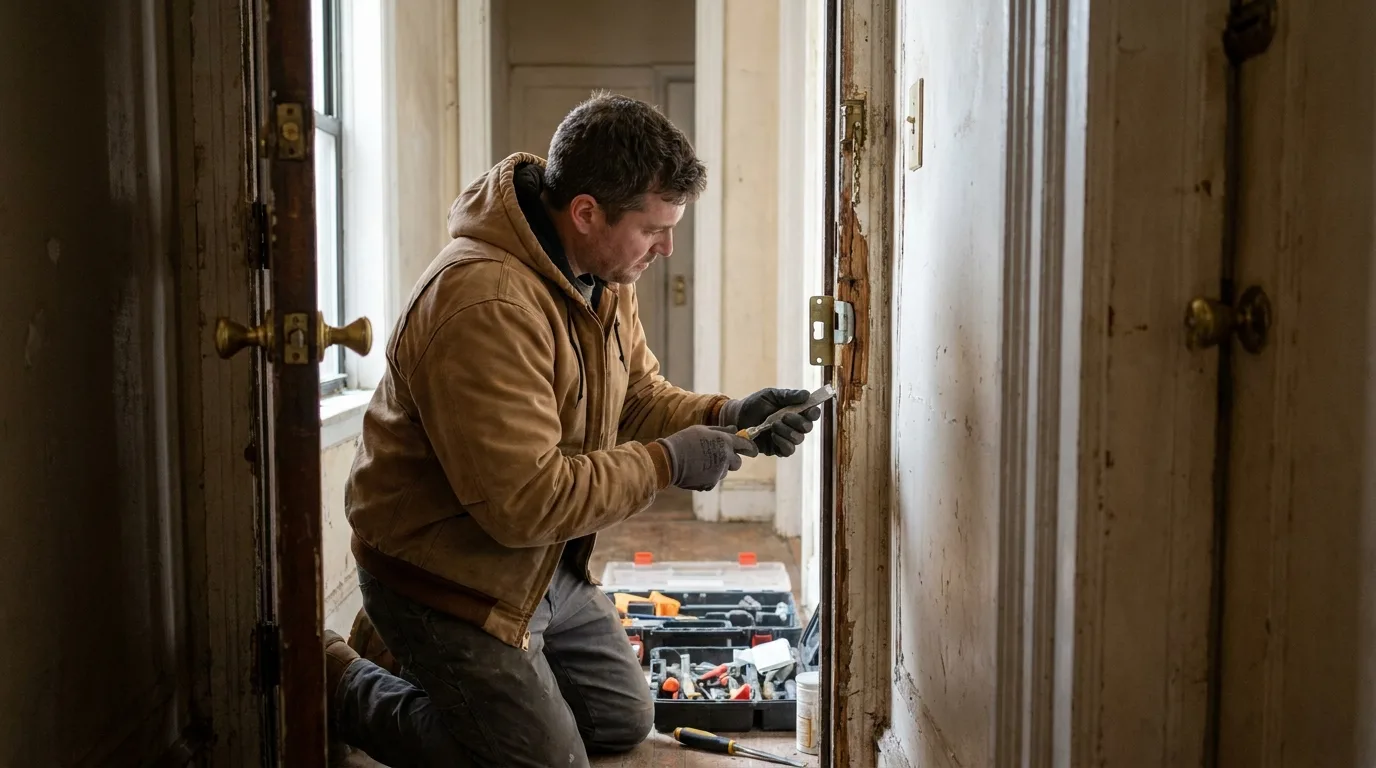 Technician repairing a damaged door jamb in a NYC building