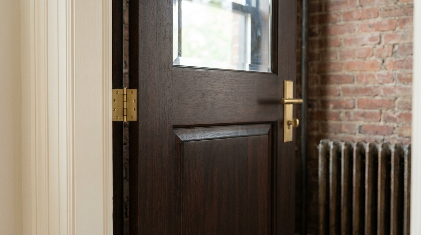 Before and after of a realigned door frame and hardware